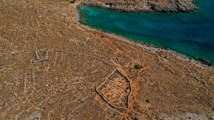 Aerial drone photo of secluded beaches unspoiled by tourism in Southern part of mainland Greece - Cape Matapan or Tainaro, Mani, Peloponnese, Greece