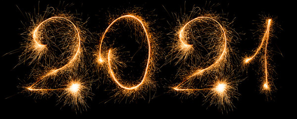 Happy New Year 2021. Number 2021 written sparkling sparklers isolated on black background With Copy...