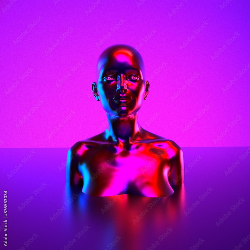 Poster robot or artificial human made of black plastic material in neon lights. 3d rendering illustration i