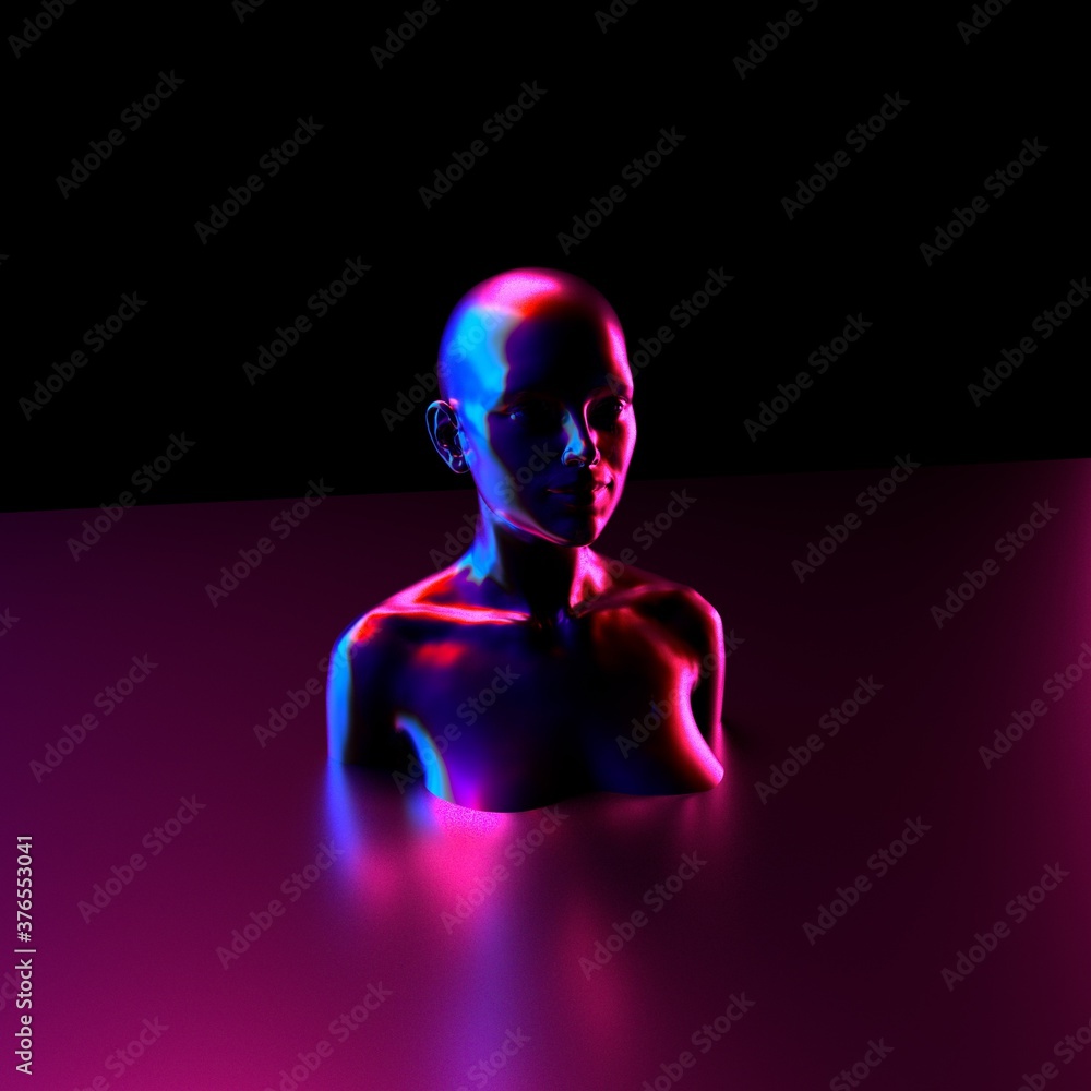Poster robot or artificial human made of black plastic material in neon lights. 3d rendering illustration i