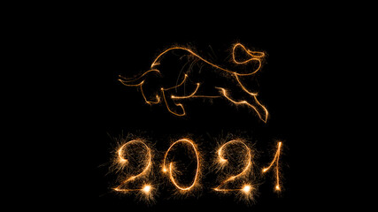 2021 Chinese New Year of the 2021 Happy New Year greeting card. Celebration black background with Ox.