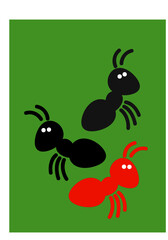 A bunch of multicolored ants on a green background. Vector drawing for prints or illustrations.