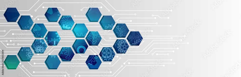 Poster Wide Hi tech futuristic technology background. Abstract Engineering, Communication, Sci fi concept. Vector design with hexagons.