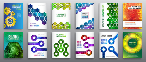 Abstract technology cover with hexagon elements. High tech brochure design concept. Futuristic business layout. Digital poster templates.