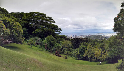 Fototapeta na wymiar Lawn of Nutridge Estate with Honolulu in the distance