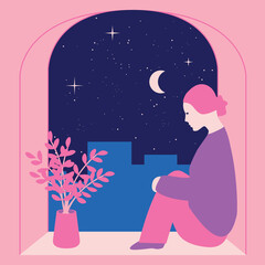 Girl sitting near a window, night starry sky in the background. Concept of loneliness, melancholy,  quarantine, sadness, social issues.