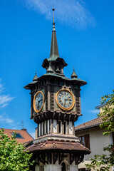 Clocktower and old Buvette Cachat pump room building. Evian-les-Bains on the banks of Leman Lake...