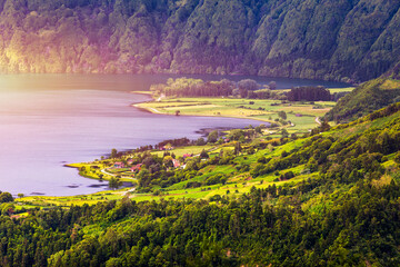 Naklejka premium Traditional houses, Sete Cidades, Sao Miguel Island, Azores. Beautiful view of Sete Cidades village in Sao Miguel Island, Azores, Portugal.