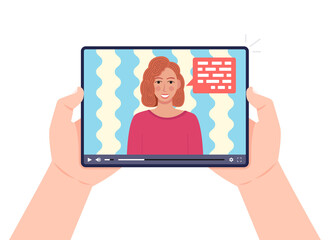 Hands holding tablet with video online webinar on the screen. Woman talking on video. Online learning, e-learning concept. Vector illustration.