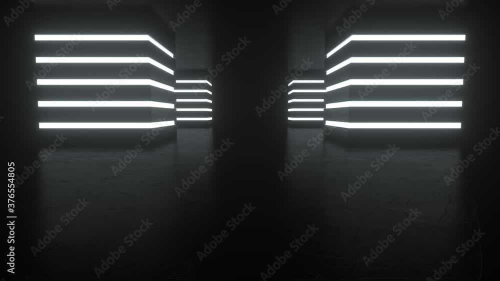 Poster seamless abstract sci-fi dark hall with bright white neon lights. square shapes on a black backgroun