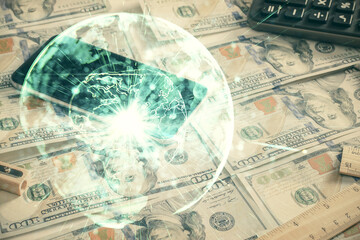 Multi exposure of business theme drawing over us dollars bill background. Concept of financial success.