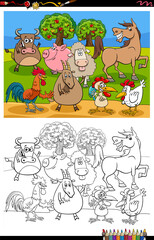cartoon farm animals group coloring book page