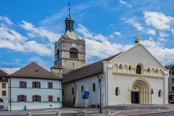 Naklejka premium View of Eglise Notre-Dame de l'Assomption. Evian-les-Bains on the banks of Leman Lake (east of France), commune in the Haute-Savoie department in the Rhone-Alpes region.