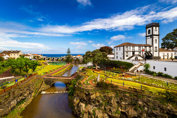 Panoramic cityscape view to Municipality and central square Of Ribeira Grande, Sao Miguel, Azores, Portugal. Central square of Ribeira Grande, Sao Miguel, Azores, Portugal. - obrazy, fototapety, plakaty