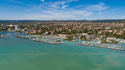 Fototapeta na wymiar Hungary - Balatonfüred coast and harbor from drone view