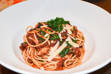 Spaghetti With Tomato Sauce with Parsley on top view