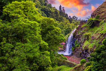 Waterfall at  Parque Natural Da Ribeira Dos Caldeiroes, Sao Miguel, Azores, Portugal. Beautiful...