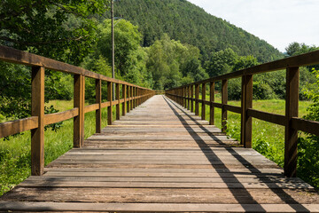 Fototapeta na wymiar wooden bridge in the Southwest Palatinate forest, wasgausee, schönau fischbach, germany
