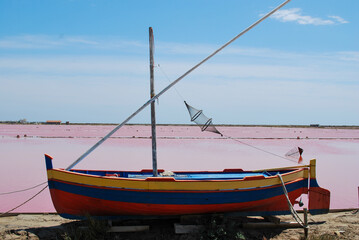Fototapeta na wymiar Saline island of Saint Martin de Gruissans, the old wooden ship at left and the reddish colored saturated with salt water