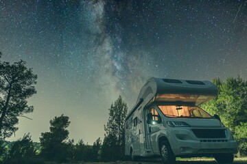 campervan caravan vehicle for van life holiday on mobile home camper mobile motor home RV campervan for an outdoor nomad lifestyle camper van journey camping in the parking space night sky with stars - obrazy, fototapety, plakaty