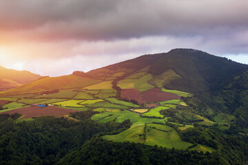 Azores panoramic view of natural landscape, wonderful scenic island of Portugal. Beautiful lagoons...