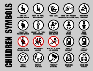 Full vector set of black ISO icons with children symbols, isolated on white. Prohibition and allowed signs with baby, child, kid, infant pictograms