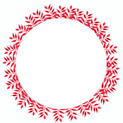 Simple round frame with red leaves drawn in watercolor on a clear white background