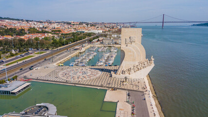 Lisbon, Padrão dos Descobrimentos. Aerial view of the Monument to the Discoveries, in Belém,...