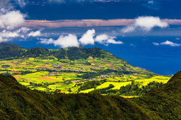 Landscape view in Salto do Cavalo (Horse Jump) with the Lagoon of Furnas in the Background, São Miguel island, Azores, Portugal. Miradouro do Salto do Cavalo in Sao Miguel, Azores, Portugal