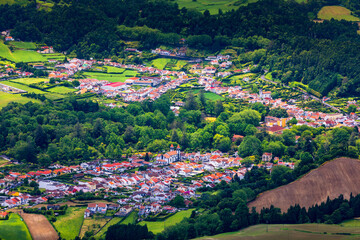 View of Furnas Village in São Miguel Island, Azores, Portugal. View of Furnas a famous village for hotsprings geothermal in São Miguel Island Azores Portugal.