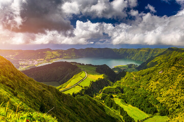 View from Miradouro da Boca do Inferno to Sete Citades, Azores, Portugal. A path leading to viewpoint Miradouro da Boca do Inferno in Sao Miguel Island, Azores, Portugal.