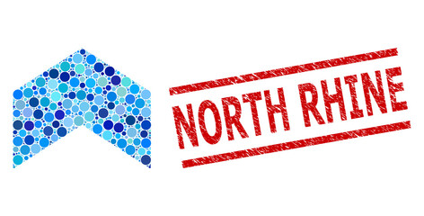 Round dot combination direction up and NORTH RHINE textured stamp seal. Stamp seal includes NORTH RHINE text between parallel lines. Vector mosaic is based on direction up icon,