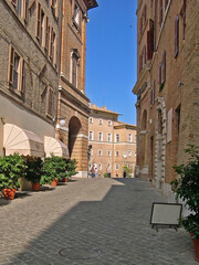 Italy, Marche, Macerata, downtown medieval street.
