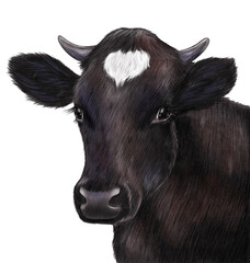Cute christmas cow portrait. New year 2021. Christmas bull. Cute calf. Santa hat
