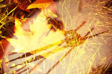 Retro vintage classic round clock with arrow and autumn leaves