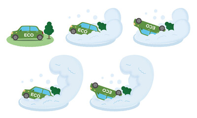 大雪の被害に遭う緑のエコカーのベクターイラストセット