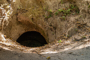 Obraz premium Leon, Nicaragua - November 27, 2008: Ruins of old Leon. Entrance hole to man-made cavern under brown dirt with some green foliage.