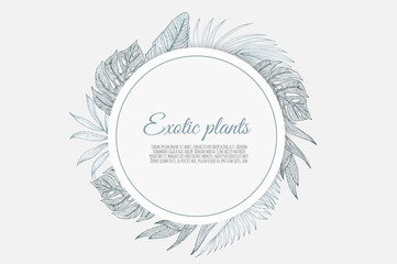 Trendy Summer Tropical Leaves Vector Design. Background with hibiscus, protea, magnolia, palm leaves.