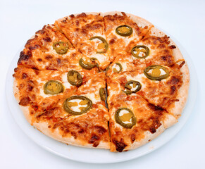 Homemade pizza ;  Jalapenos pickle on cheese pizza crust on white plate in white background