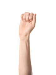 Hand showing letter A on white background. Sign language alphabet