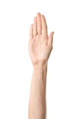 Hand showing letter B on white background. Sign language alphabet