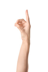 Hand showing letter D on white background. Sign language alphabet