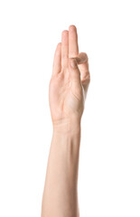 Hand showing letter F on white background. Sign language alphabet