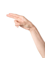 Hand showing letter H on white background. Sign language alphabet