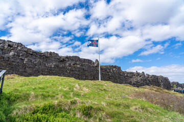 Icelandic flag in Iceland countryside