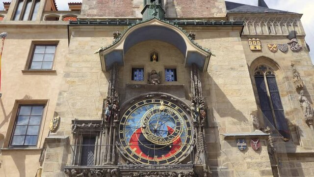 View of the Prague Astronomical Clock, or Prague Orloj, a medieval astronomical clock first installed in 1410 in Prague, Czech Republic, Europe. Famous tourist attraction and destination