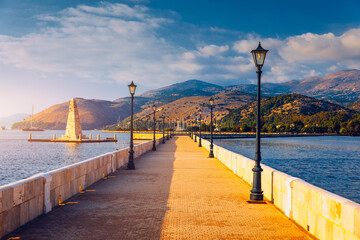 View of the De Bosset Bridge in Argostoli city on Kefalonia island. De Bosset Bridge on lakeside In...