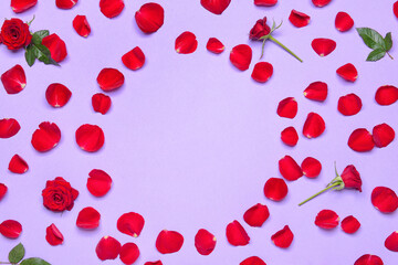 Frame made of beautiful rose petals on color background