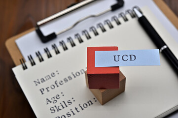 A note with the user's persona written on it is placed on a clipboard along with a pen. A sticky note stamped with "UCD" is placed on a wooden cube.