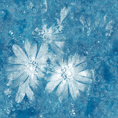 Seamless blue ink pen crosshatch floral pattern. High quality flower illustration. Draft sketch like graphic design. Pencil or pen ink drawing with realistic smudges. Seamless repeat raster design.